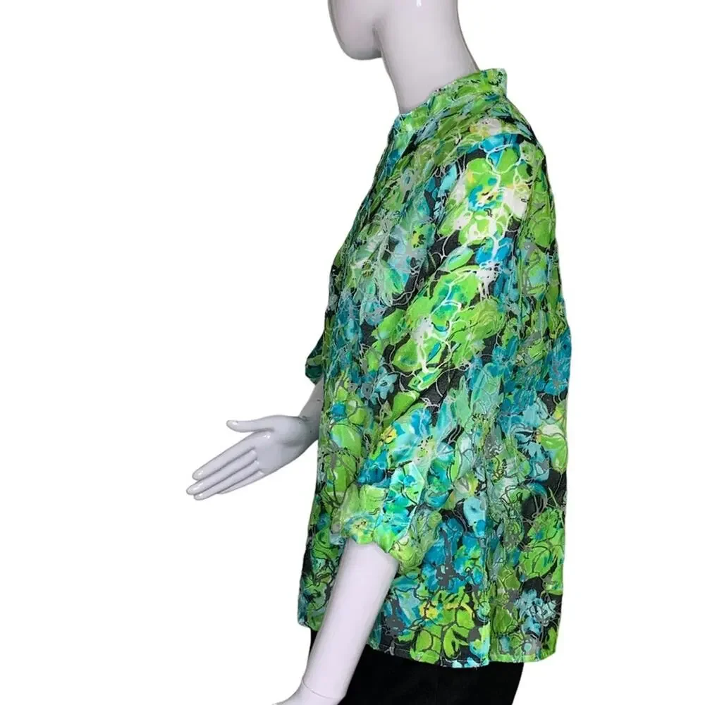 Kim Kim Rogers Petite Button Down Shirt Size LP Green Floral Print
